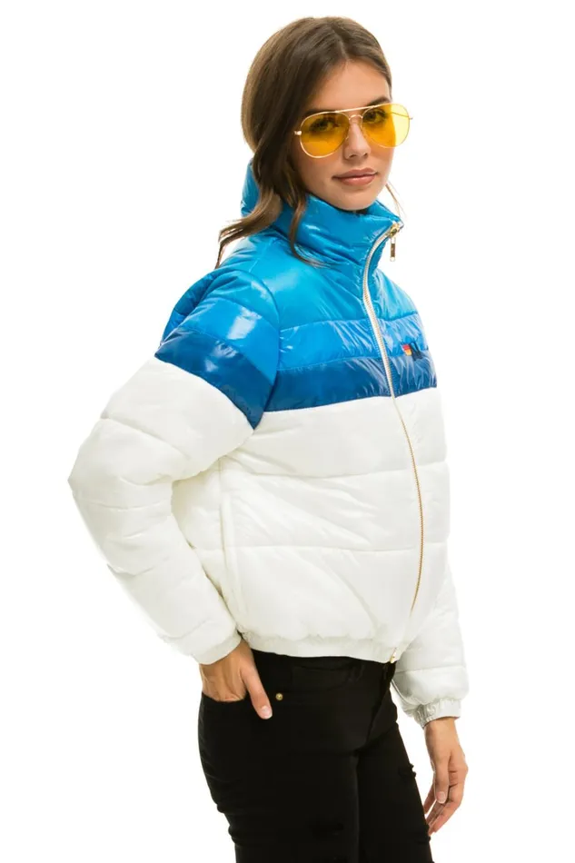 Women Outerwear Aviator Nation COLOR BLOCK LUXE APRES PUFFER JACKET 8211 GLOSSY WHITE DRESDEN Women Outerwear Aviator Nation COLOR BLOCK LUXE APRES PUFFER JACKET 8211 GLOSSY WHITE DRESDEN