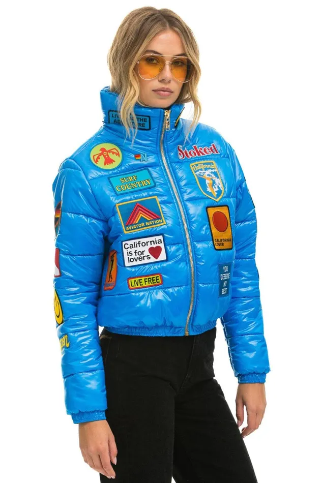 Women Outerwear Aviator Nation VINTAGE PATCH APRES PUFFER JACKET 8211 BLUE CINA GLOSSY Women Outerwear Aviator Nation VINTAGE PATCH APRES PUFFER JACKET 8211 BLUE CINA GLOSSY
