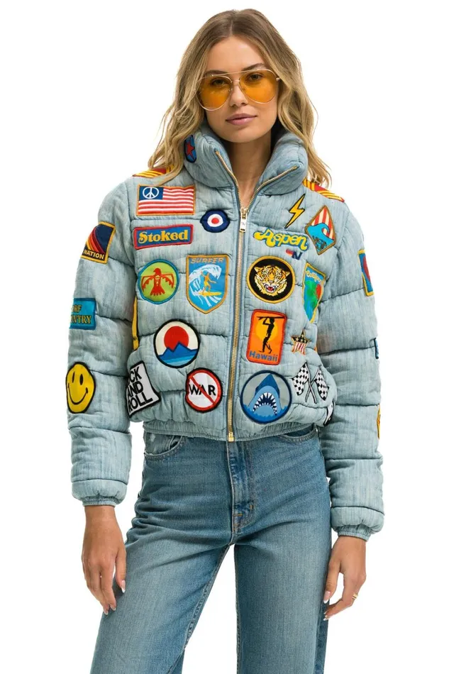 Women Outerwear Aviator Nation VINTAGE PATCH DENIM APRES PUFFER JACKET 8211 VINTAGE