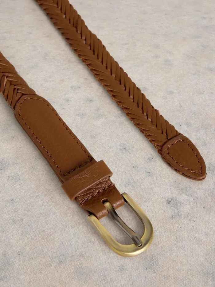 Women Plaited Leather Skinny Belt Mid Tan White Stuff Belts