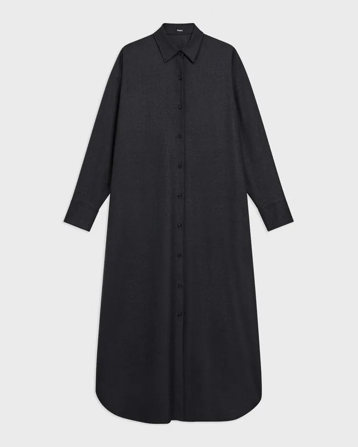 Women Theory Dresses Oversized Shirt Dress In Stretch Flannel Charcoal Melange