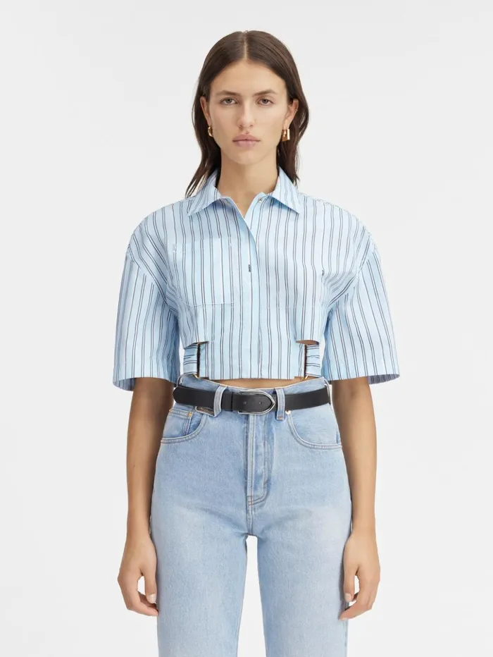 Women Tops and Shirts JACQUEMUS The Bari Cropped Shirt Print Blue Stripes Women Tops and Shirts JACQUEMUS The Bari Cropped Shirt Print Blue Stripes