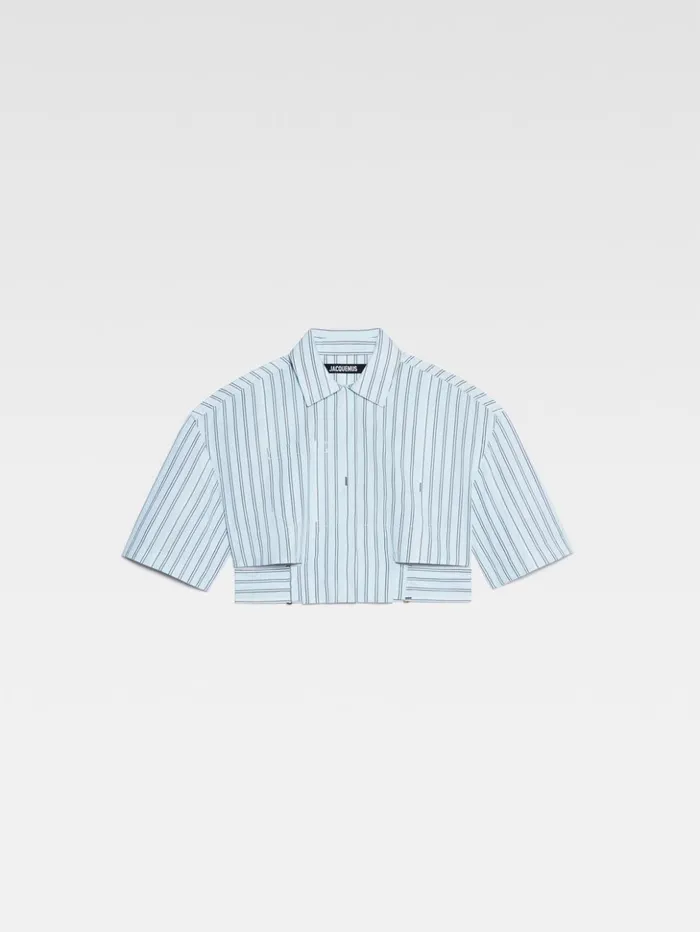 Women Tops and Shirts JACQUEMUS The Bari Cropped Shirt Print Blue Stripes Women Tops and Shirts JACQUEMUS The Bari Cropped Shirt Print Blue Stripes