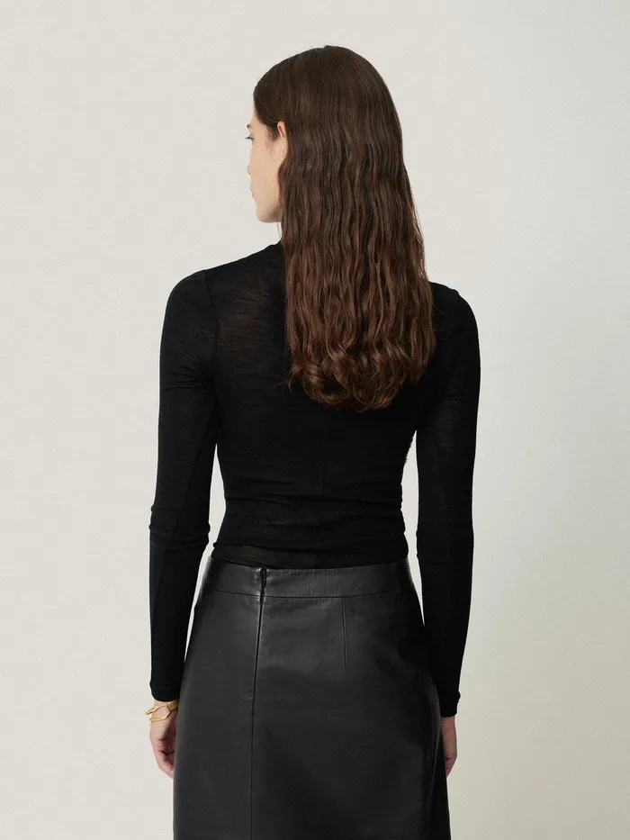 Women Wool Jersey Polo Neck Top Black Jigsaw Shirts and Tops